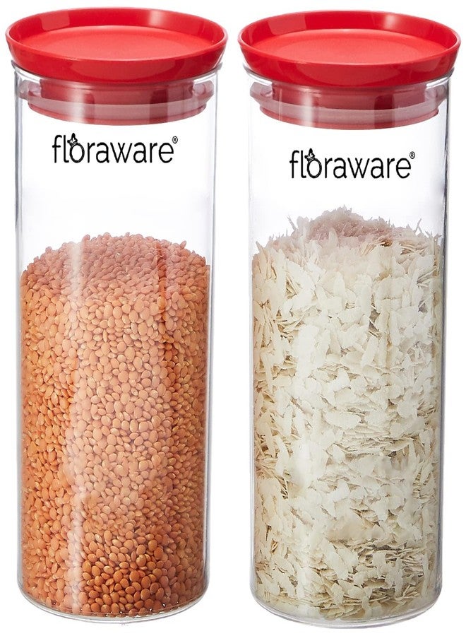 Floraware Plastic Air Tight BPA Free Stackable Round Push Multipurpose Containers For Kitchen Organizer 1400ml for Rice Dal Flour Snacks Cereals Pack of 2 (Red) - Image 1